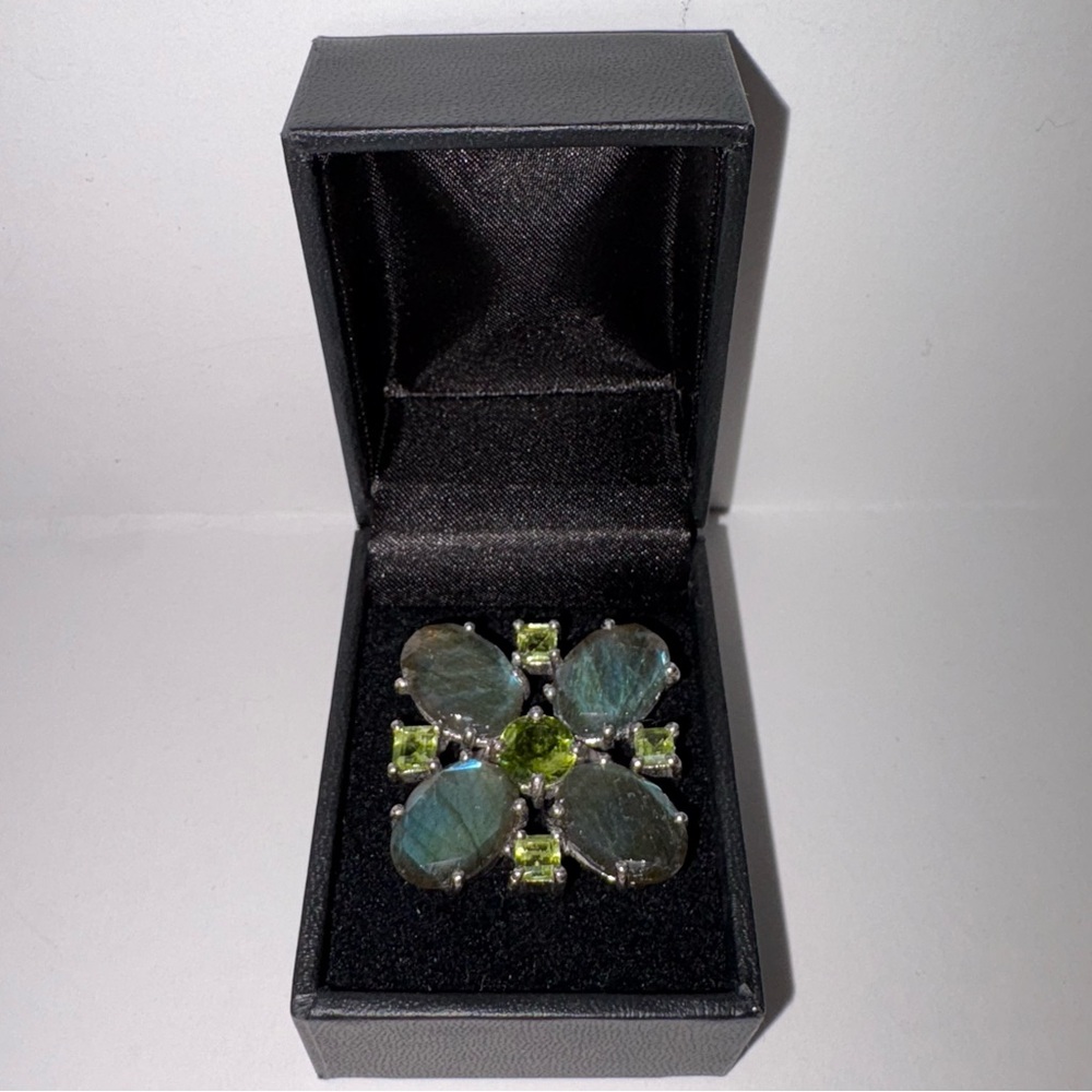 925 Sterling Silver Labradorite Peridot Green Gemstone Large Cluster Ring Size 7 - Picture 1 of 3